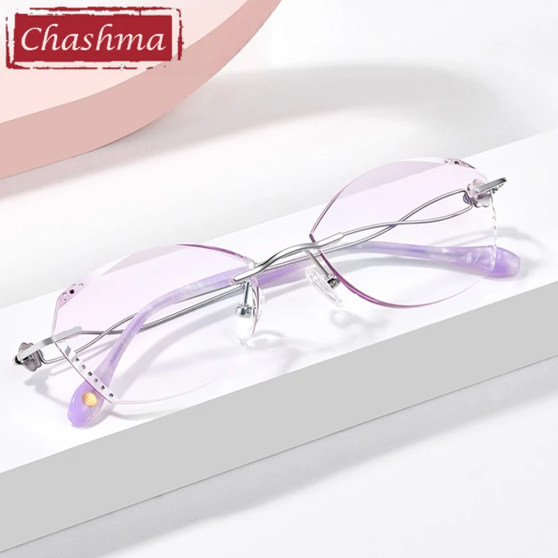

Chashma Prescription Glasses Elegant Women Fashion Titanium Eyeglasses Diamond Trim Rimless Eyewear for Tint Color Recipe Lenses