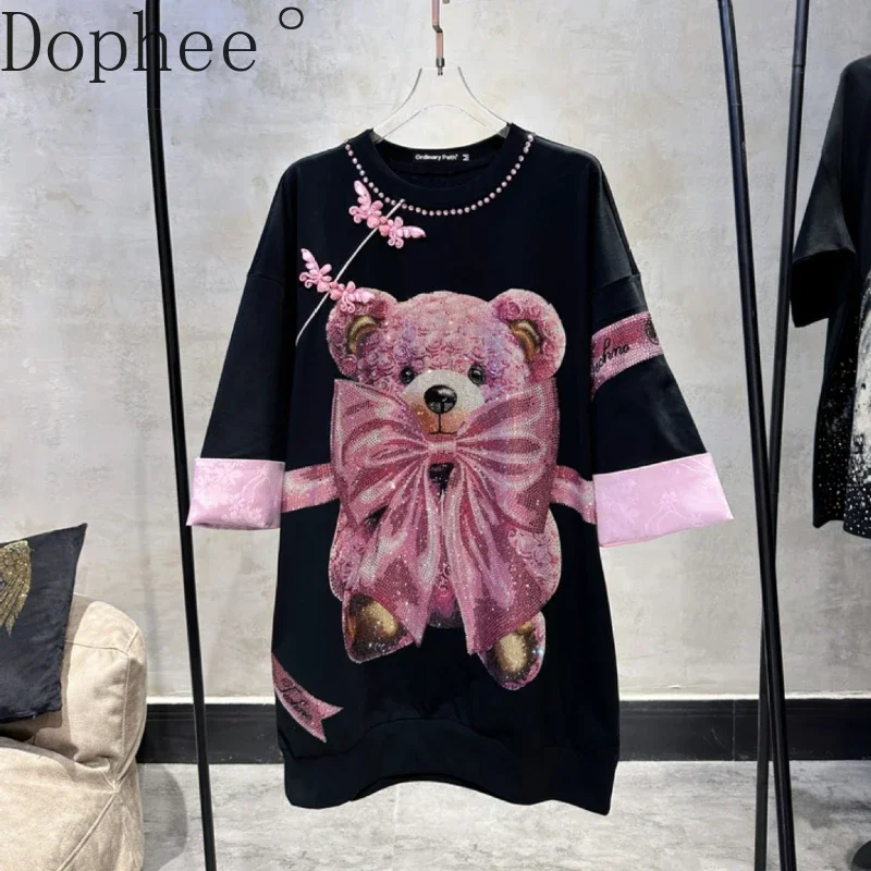 High Quality Luxury Cute Bear Bow Hot Drilling Mid-long T-shirt Dress Oversize Women Pullover Top Half Sleeve Loose Straight Tee