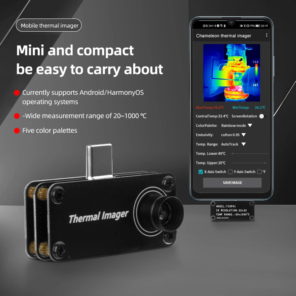 Kamera pencitraan termal seluler, Imager termal tipe-c-20 ~ 1000 °C 32*32 pixel, kamera pencitraan termal inframerah untuk ponsel Android