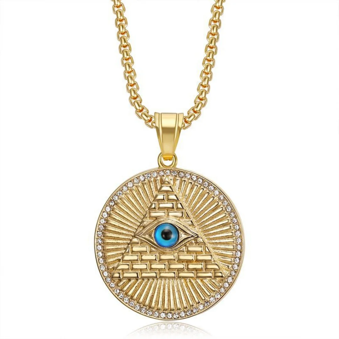 

Ancient Egypt Pyramid Eye Pendant Gold Silver Color Stainless Steel Chain Iced Out Round Necklace for Man Woman Egyptian Jewelry