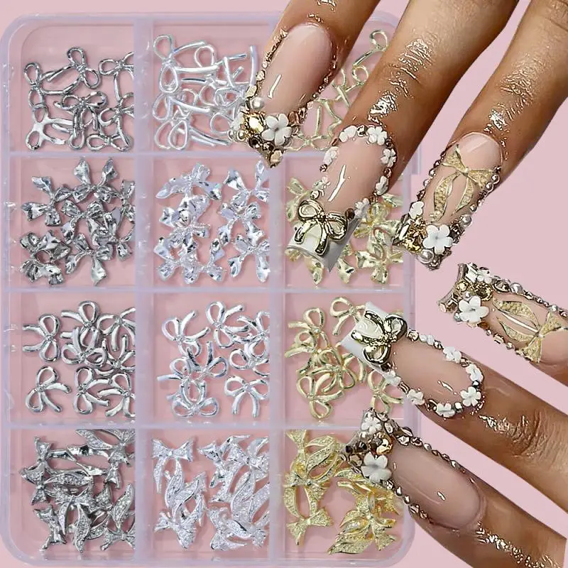 96/120Pcs 3D Gold Metal Nail Charms Bow Butterfly Star Luxury DIY Nail Art Decor Supply