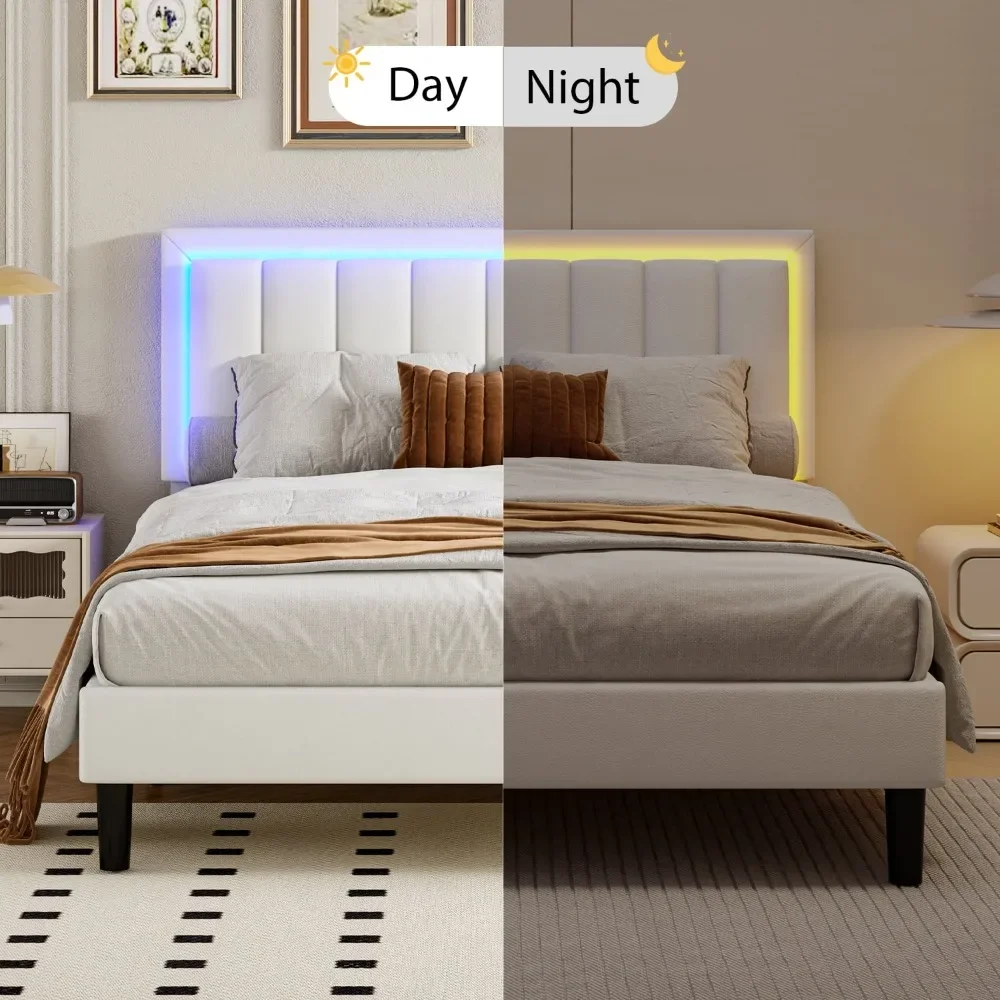 Groot LED-bedframe, modern gestoffeerd platformbedframe met LED-lichthoofdeinde, mooie bedden