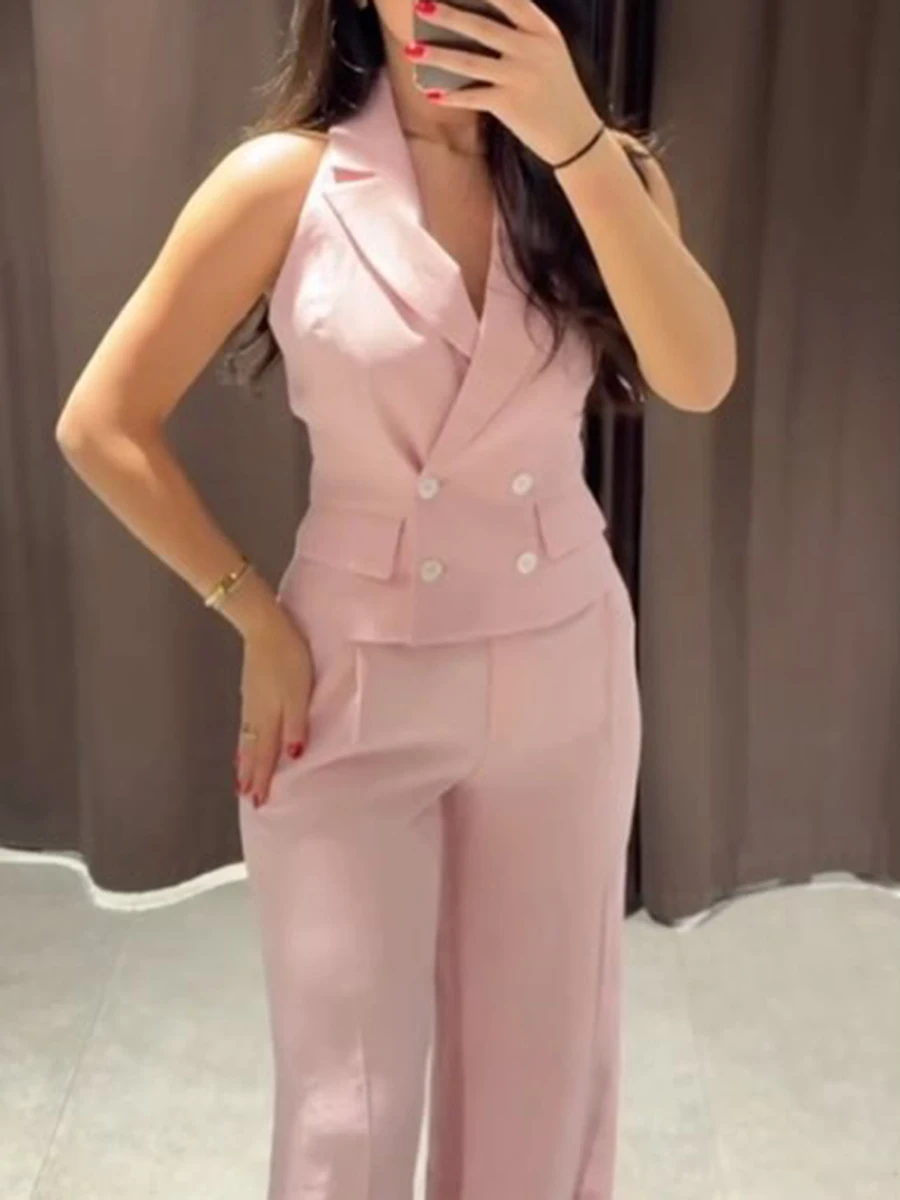 

Pink Double Breasted Halter Top Women Summer V Neck Backless Tank Top+high Waist Wide Leg Pant Casual Simple Fashion 2 Piece Set