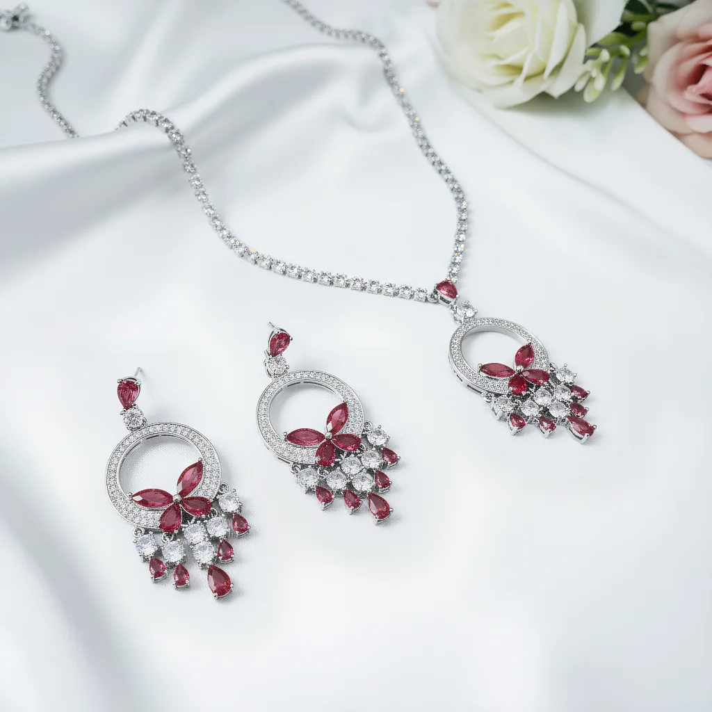 

3pcs Elegant Vintage Jewelry Set for Women Red Butterfly Droplet Necklace Shiny Crystal Choker Bridal Wedding Earrings Party