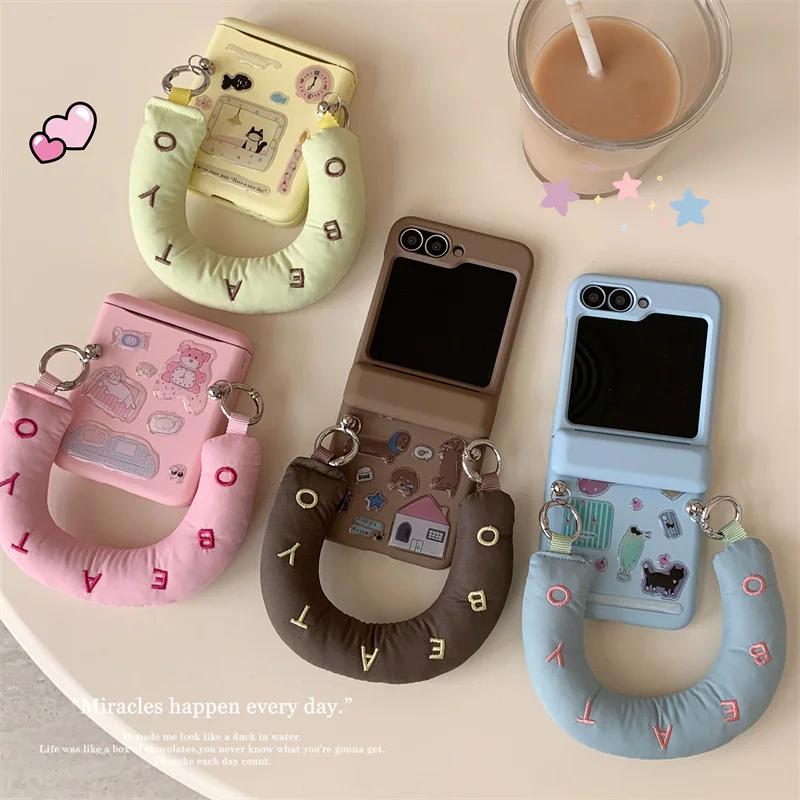 Phone Case For Samsung Galaxy Z Flip 3 4 5 6 7 FE Cute DIY Sticker Soft Rope Insert Cards Matte Shockproof Back Cover