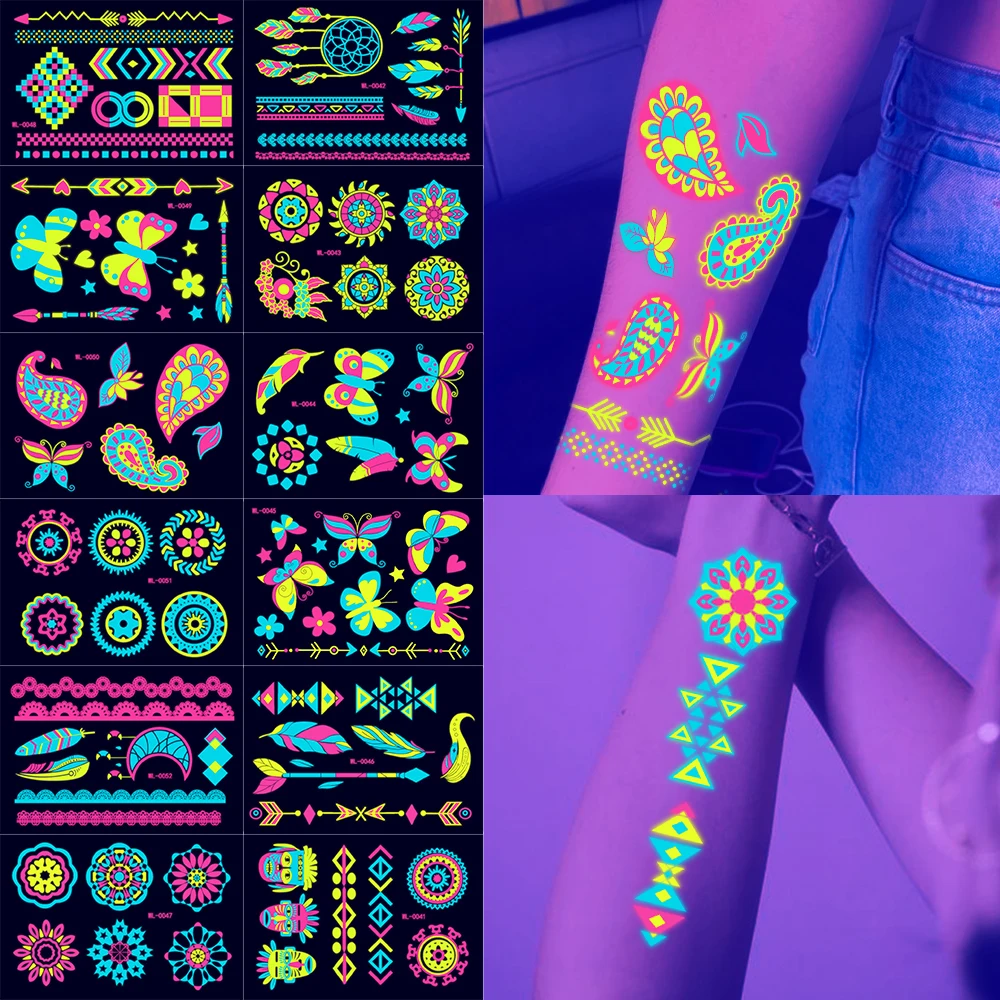 12/24 stücke Leuchtende Temporäre Tattoos Aufkleber UV Neon Fluoreszierende Glow in the Dark Für Körper Gesicht Tattoo Aufkleber Party zubehör – Detail 2
