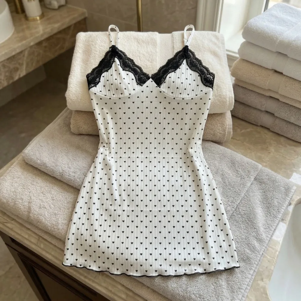 

Love Heart Print Women Heart Pajama Dress Slim Fit V Neck Suspender Lace Trim Camisole Nightdress Sleepwear Sleeveless