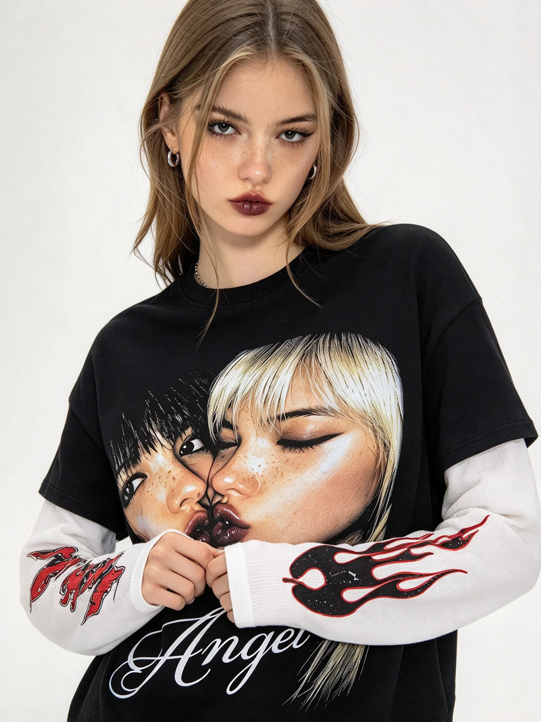 Men Women Y2K Fake Two Piece Long Sleeve T-shirt, Figure Portrait Print Flame Graphic Streetwear Tops