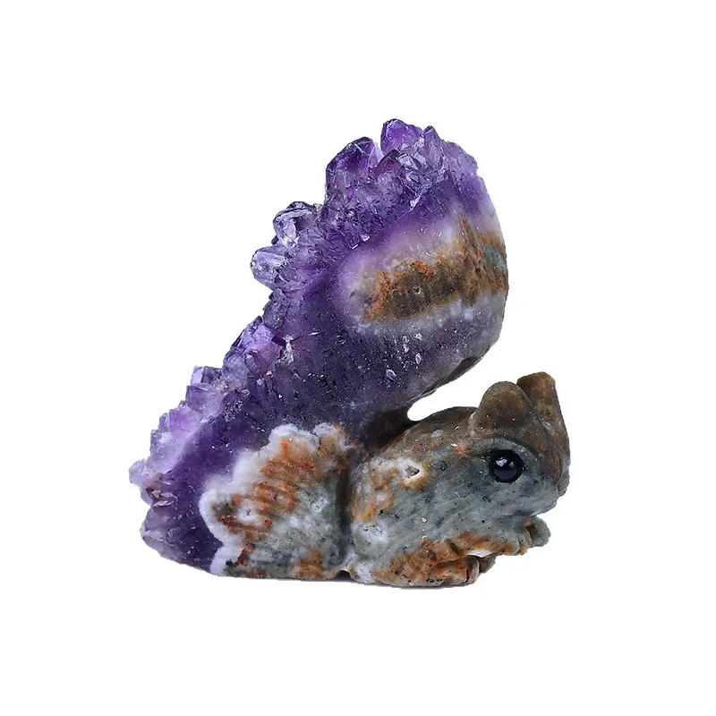 Uruguay Natural Amethyst Cluster Squirrel Figurine Crystal Carving Home Living Room Decoration