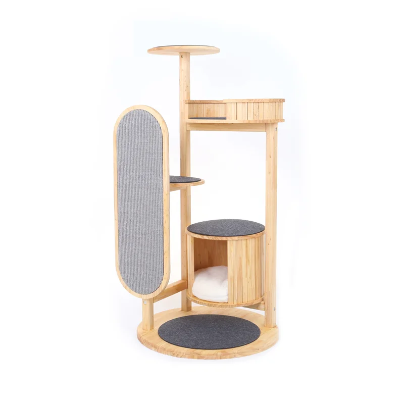 

New Design Eco-Friendly Kitten Wooden Houses Cat Trees With Large Sisal Scratch Board Fur Perch Light-Hanging Feature Pet Toys