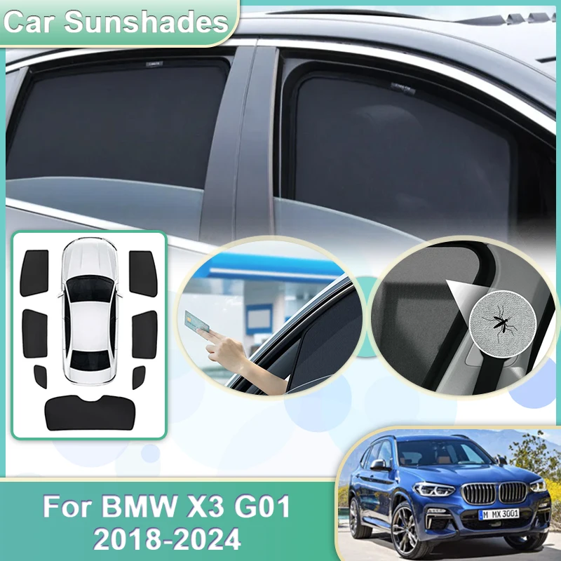 

Автомобильный сетчатый солнцезащитный козырек для BMW X3 G01 F97 IX3 2018-2024 2019 2020 2021 Магнитный солнцезащитный козырек для лобового стекла, боковые оконные козырьки, аксессуары