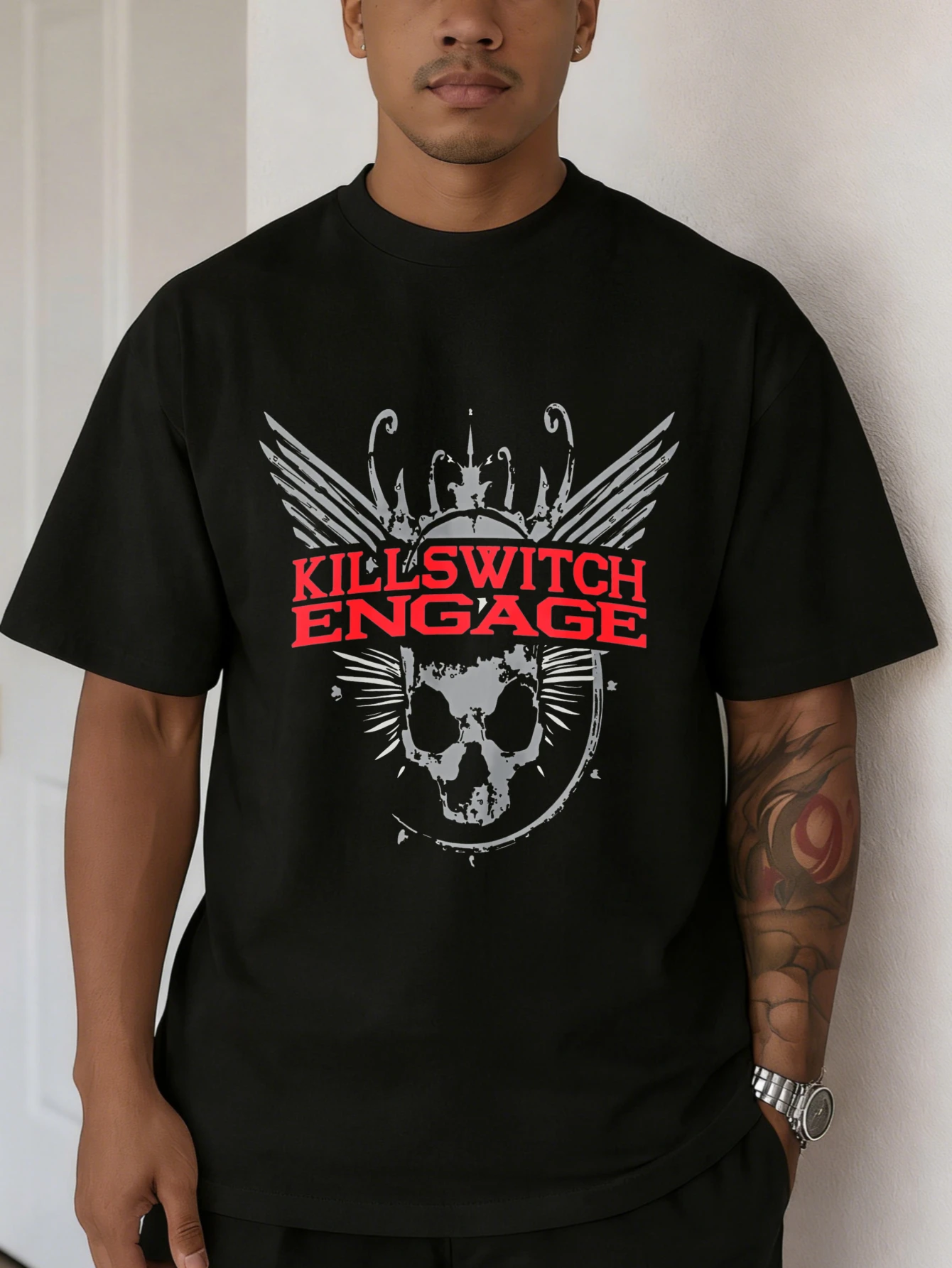 

Men's Retro Cotton Streetwear Short Sleeve Graphic Printed KILLSWITCH ENGAGE Skull Wing T Shirt Casual Summer Daily Wear for Men