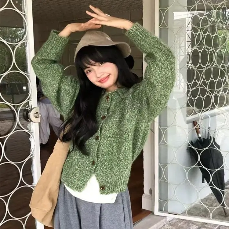 

2025 Retro New Korean Sweater Jacket Loose Green Lazy Autumn and Winter Versatile Lapel Knitted Cardigan