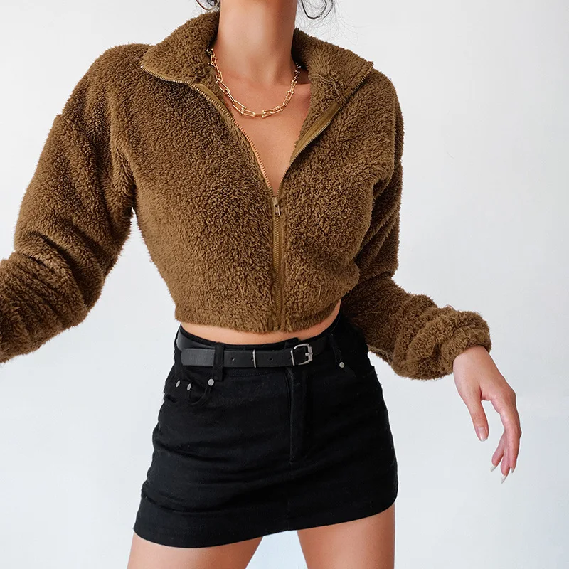 2024 New Autumn and Winter Women's Pure Color Lamb Wool Cardigan Hipster Stand-up Collar Short Zipper Long-sleeved Top Women