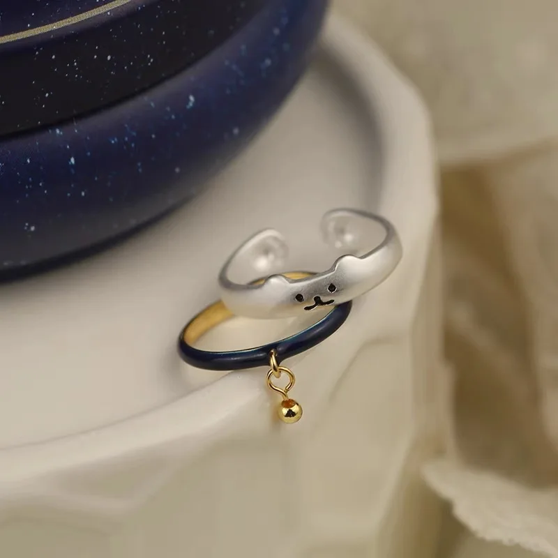 زوج من خواتم القط اللطيفة على الطراز الياباني تصميم بسيط وأجراس القطط حلقات مفتوحة مكدسة قابلة للتعديل خواتم زرقاء حمراء للزوجين أفضل صديق هدايا الحفلات