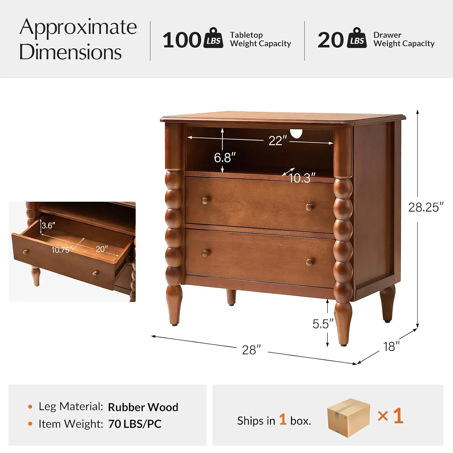Farmhouse End Table with Charging Station & 2 Drawers, Wood Side Table for Living Room Bedroom, Customized