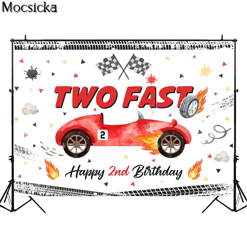 Car Racing 2nd Birthday Photography Backdrops For Boys Two Fast Photo Kids Race Car Themed Party Background Photo Booth Props