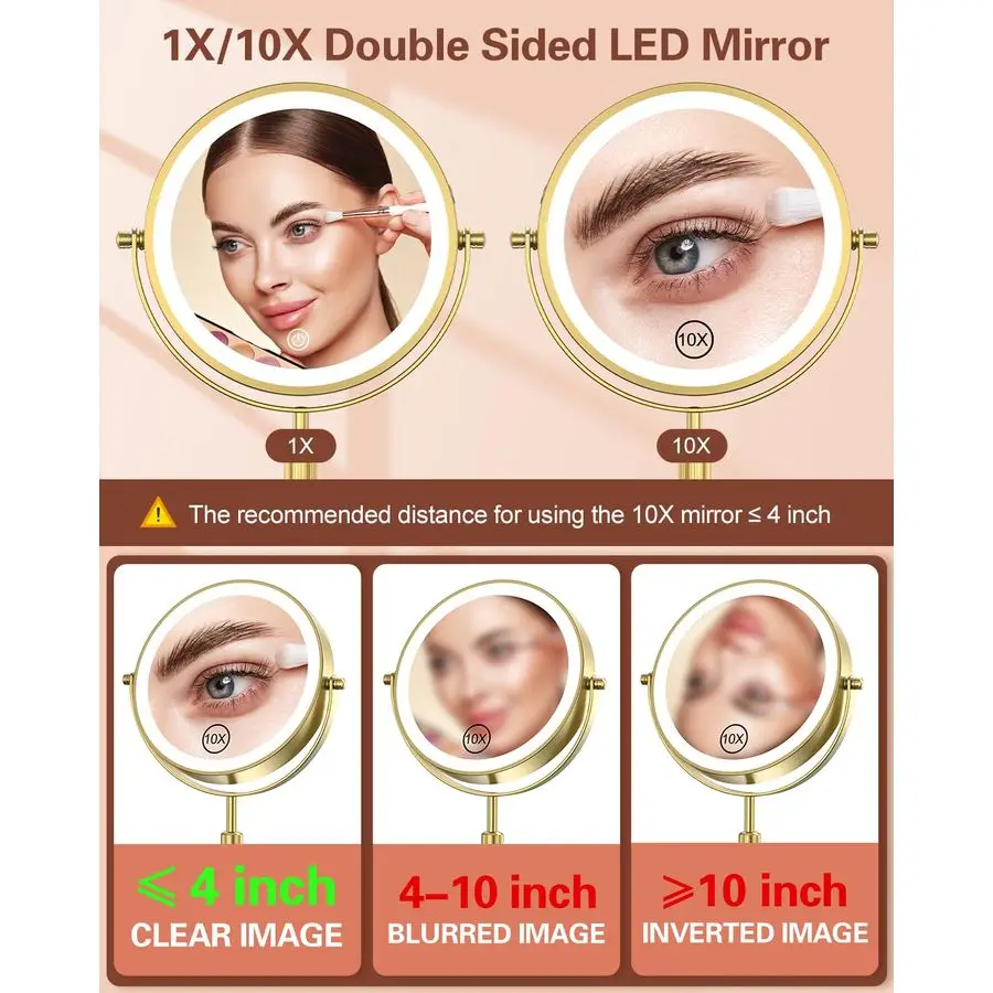 Beleuchteter Schminkspiegel mit 3 Farblichtern und 10-facher Vergrößerung, höhenverstellbarer Helligkeit, 7 Zoll 360 drehbar, wiederaufladbar