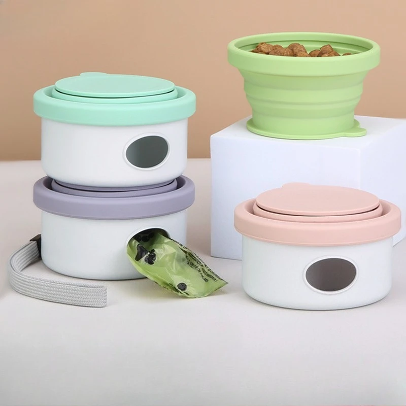 Dog portable three-in-one food storage and feeding device with garbage bag folding bowl outdoor carry cup pet supplies