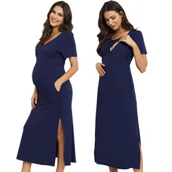 Summer Premama Nursing Dress Solid Short Sleeve Pregnant Women Baby Shower Breastfeeding Dresses Maternity Clothing Photoshoots