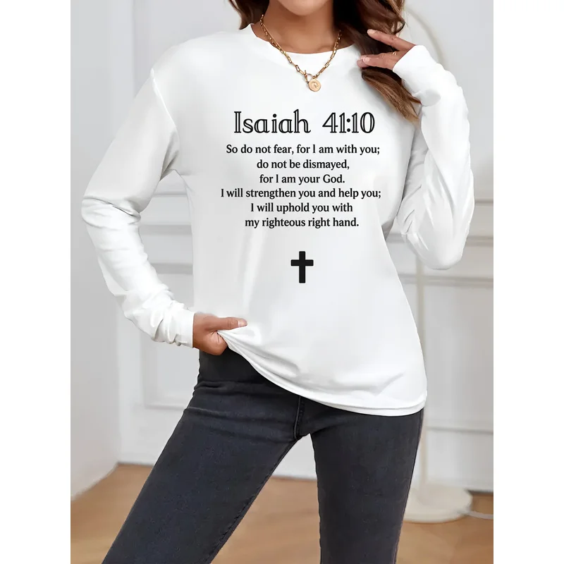 Motivational Bible verse printed round neck long sleeveTShirt，Casual everyday wear，Suitable for both spring and autumn