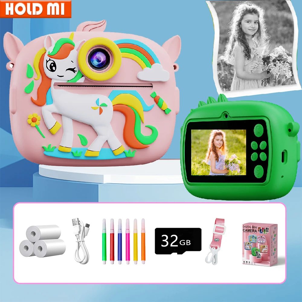 Bonito pequeno dinossauro forma crianças câmera de impressão instantânea brinquedo 1080p hd câmera dupla impressão térmica 32gb cartão memória meninos meninas presente
