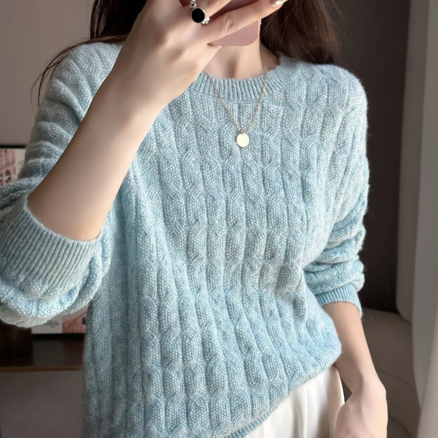 

Autumn And Winter Women's 100 Sweater Pullover Round Neck Long Sleeve Color Twisted Design Loose Soft And Comfortable Bottoming