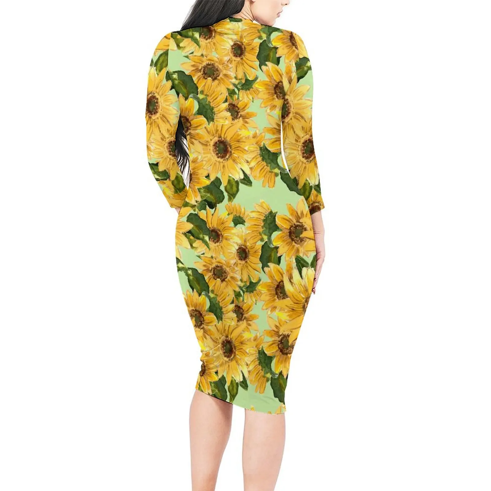 Blühende Sonnenblume Bodycon Kleid weibliche gelbe Blumen sexy Kleider Herbst Langarm ästhetische Grafik Kleid 3xl 4xl 5xl