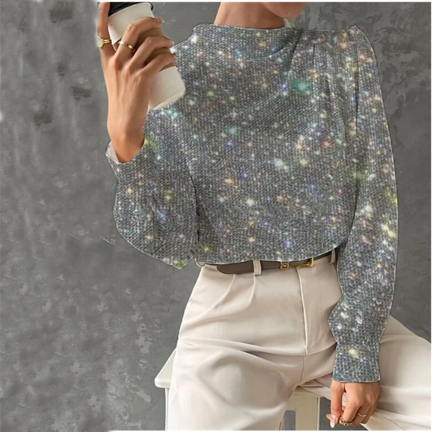 Spring summer new shoulder fold bright diamond print temperament elegant fashion commuter long-sleeved blouse blouse