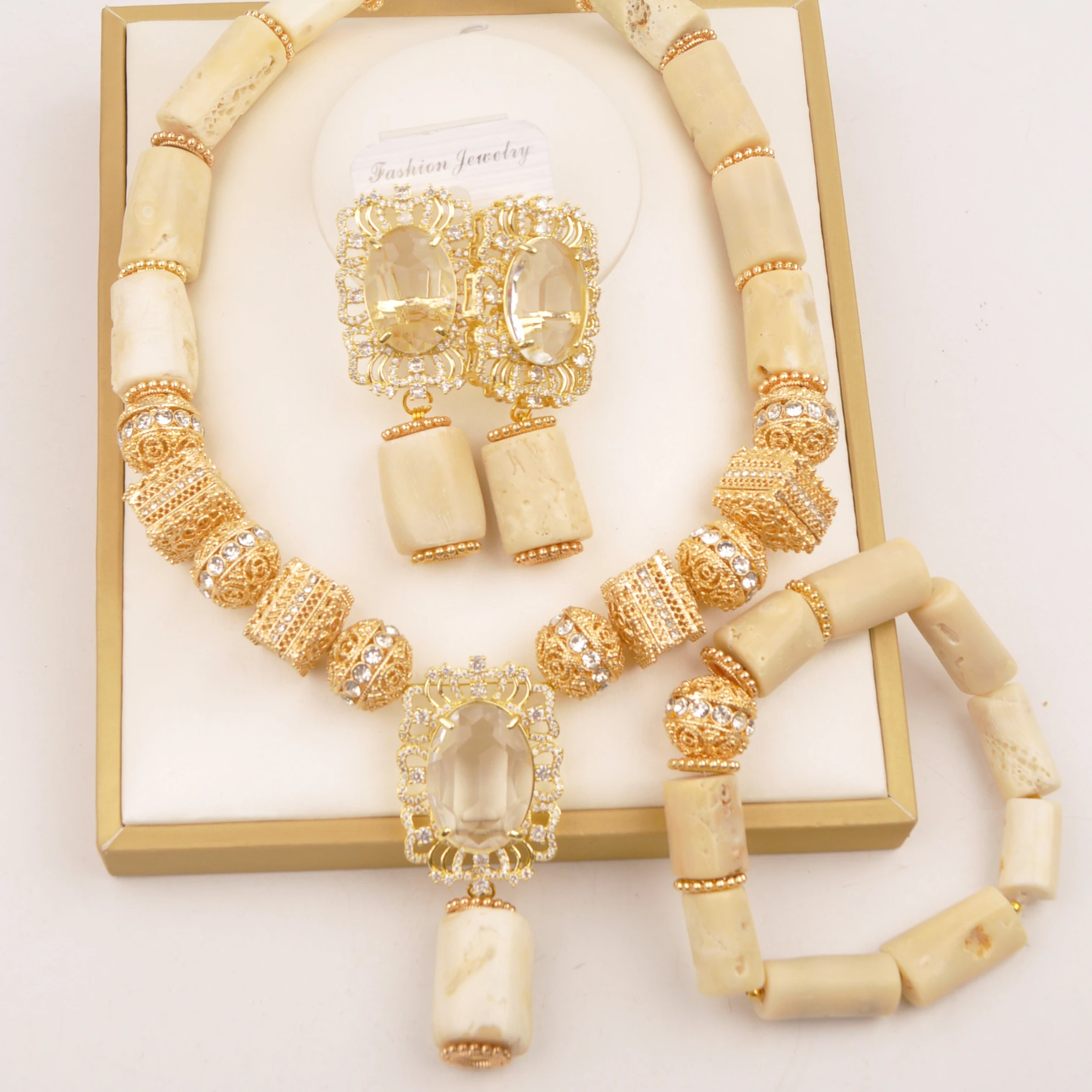 

White Nigerian Coral Beads African Dubai Bridal Jewelry Sets