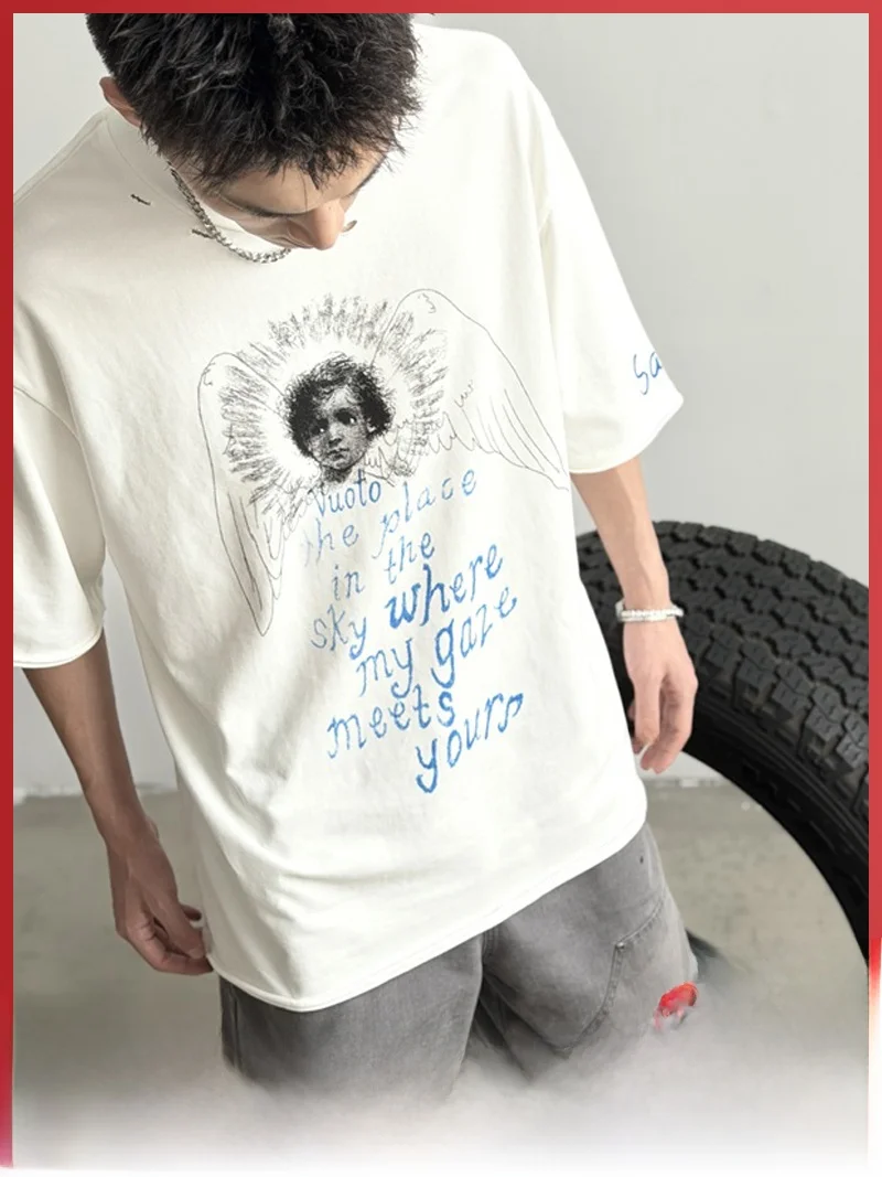 Guardian Angel Limited Edition Vintage Washed Graffiti Short Sleeve T-Shirt Loose Fit Pure Cotton Shoulder-Length Cuff round ...