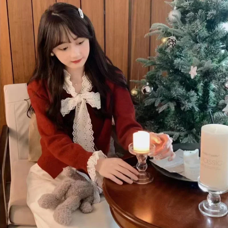 Suéter de encaje dulce para Mujer, abrigo con lazo, ropa de Mujer, suéter de punto liso con cuello redondo, abrigo Vintage coreano para Mujer