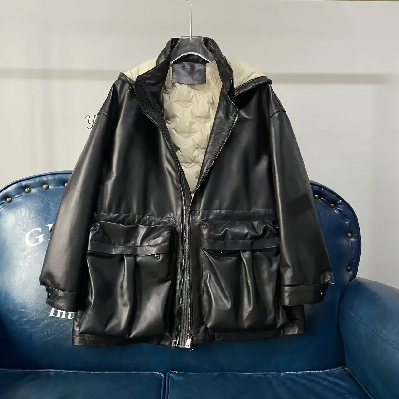 Coole Casual Damen Leder Jaet Eepskin Langer Mantel Loose Fit Daunen Jaet Herbst Winter Neue Sle Faionable Oberbekleidung