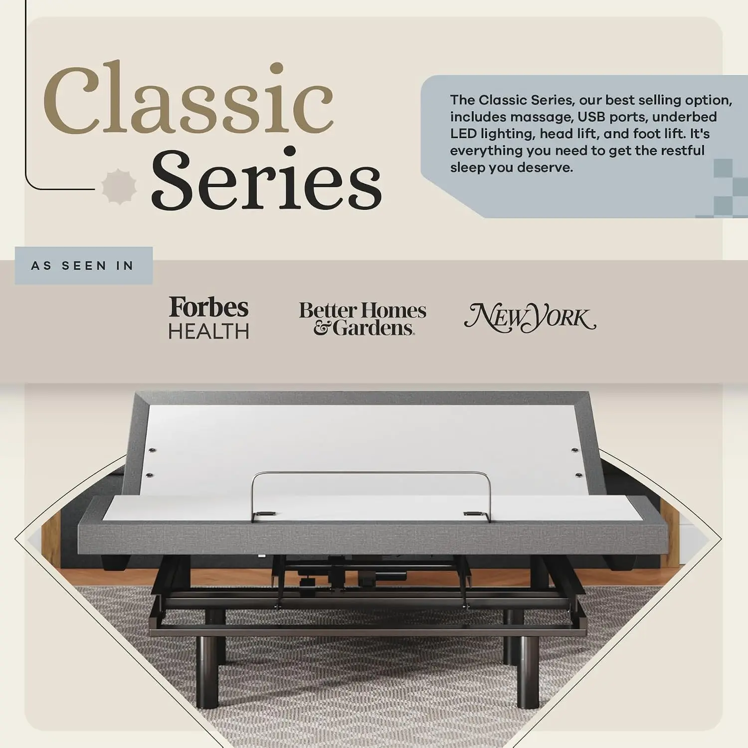 Classic Adjustable Bed Base, Head and Foot Lift, Massage, Under-Bed Lights, USB, Memory, Zero Gravity Smart Frame, Customized