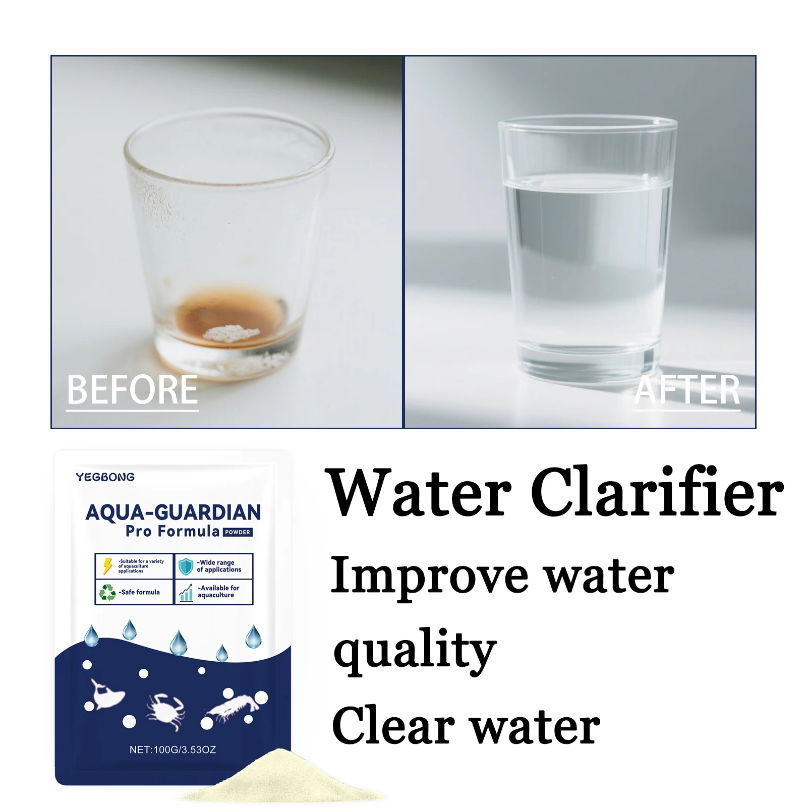 Poudre Clarifiante pour Eau d'Aquarium 100G Aqua Guardian – Purification Durable de l'Eau, Élimine les Odeurs, Pour Usage Domestique