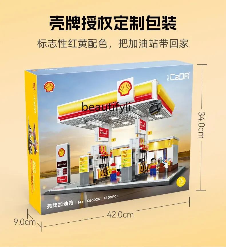 Building block street view city gas station large building house small particles