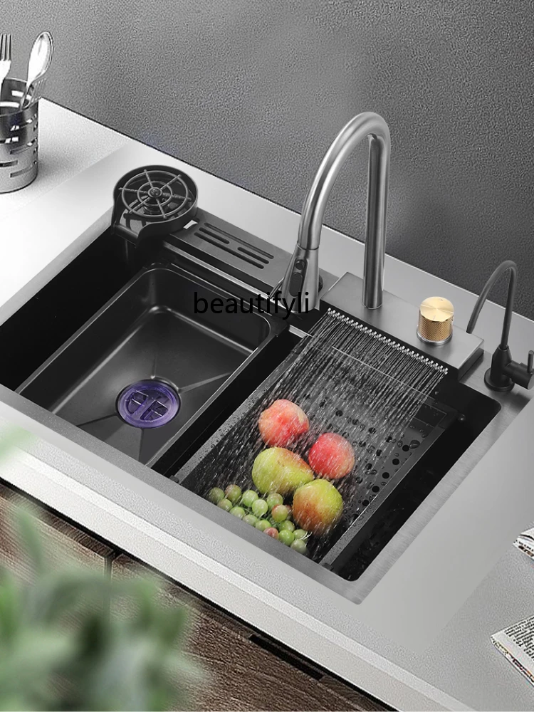 Feiyu Waterfall Kitchen Vegetable Basin 304 Stainless Steel Sink Sink Large Single Sink Household Scullery with Knife Holder