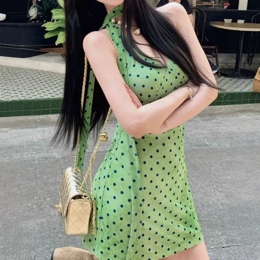 

French Retro Vacation Polka Dot Halter V-line Waist-cinching Dress for Summer