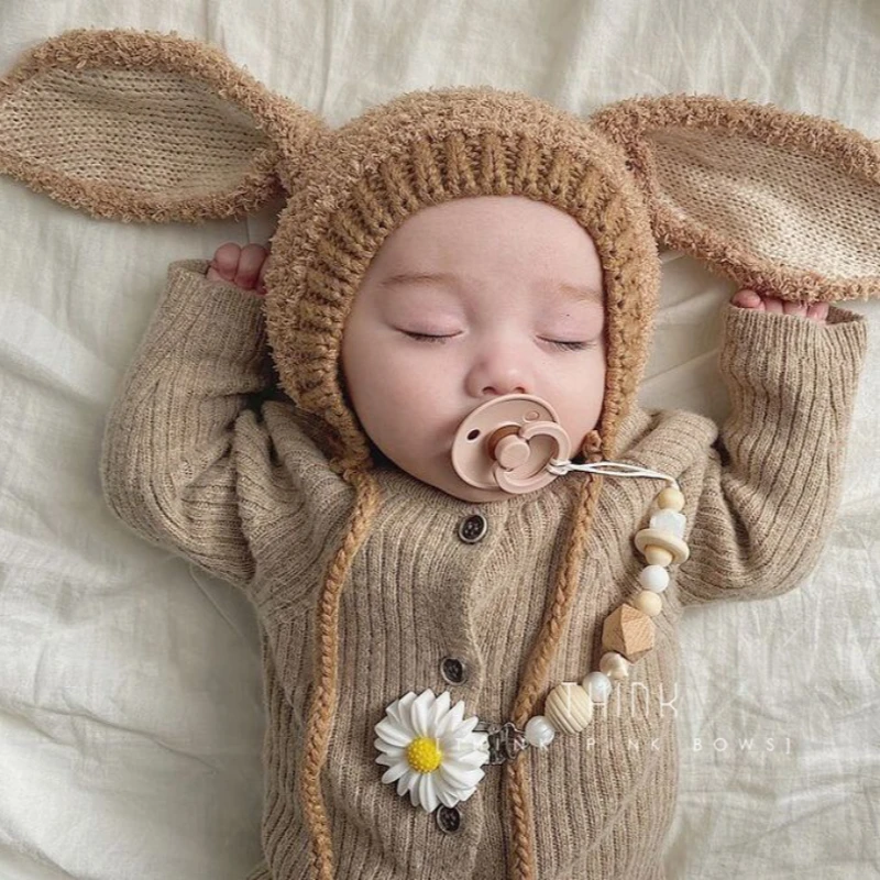 Cartoon Rabbit Ear Beanie for Newborn Boy Girl Warm Hat for Baby Korean Fashion Autumn Winter Toddler Hat Photography Prop Coffe