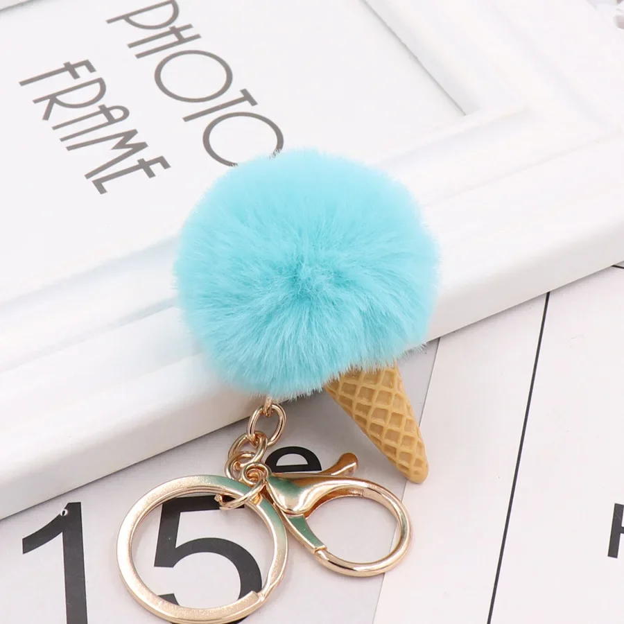 Cute Hair ball ice cream cone Keychain Pendant Women Key Ring Holder Pompoms Key Chains gifts for women bag accessories