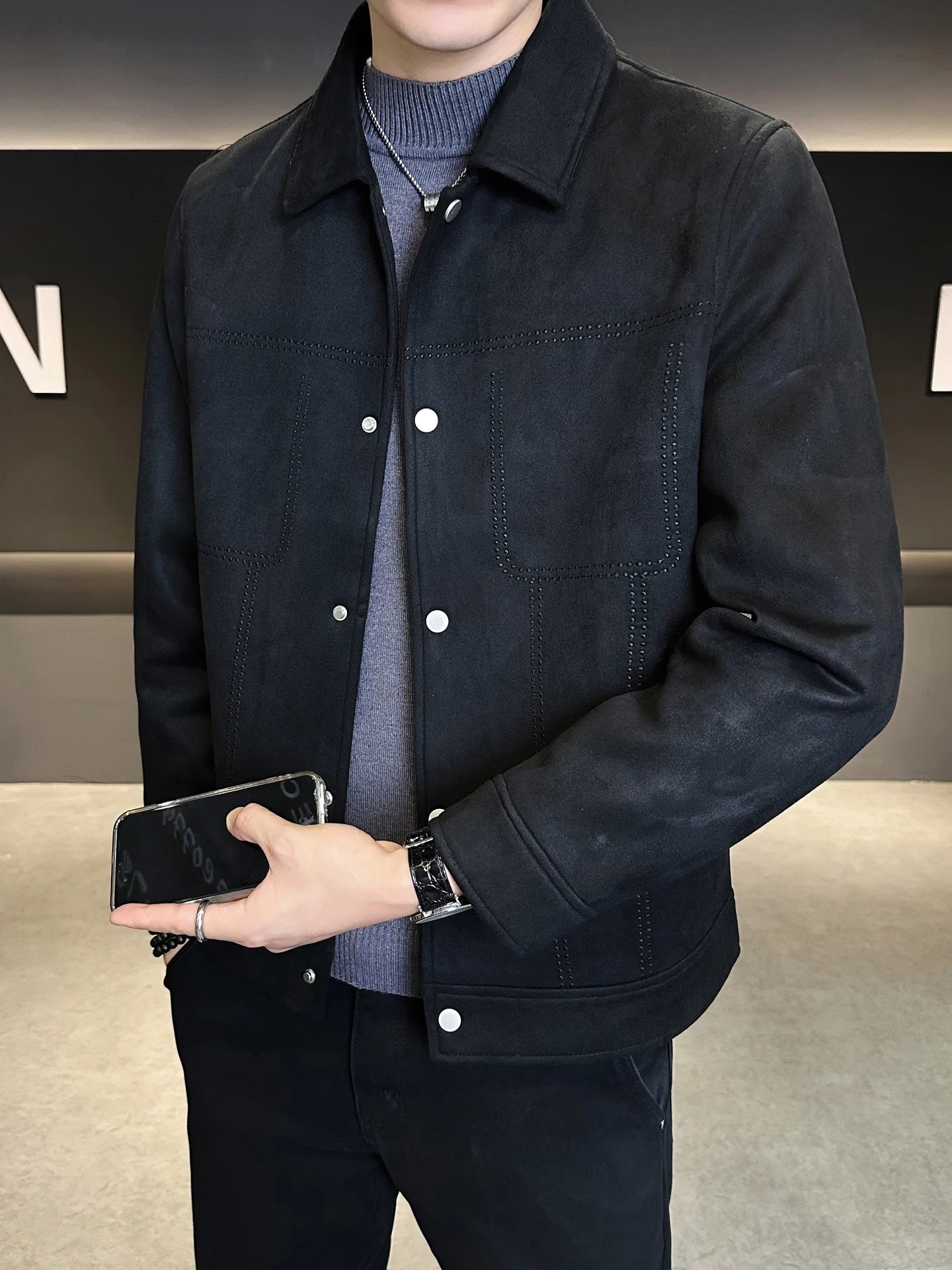 

Men's Suede Jaet Casual Sle Collarl Leather Coat Spring Autumn Faionable Brand Versatile Haome Straight Cut Bellow