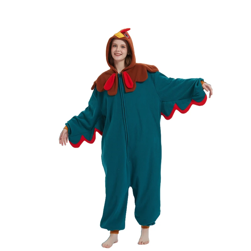 Zipper Green Rooster Adult Animal Kigurumi Fleece Onesie Pajamas Masquerade Cartoon Costume Halloween Party Cosplay Jumpsuits