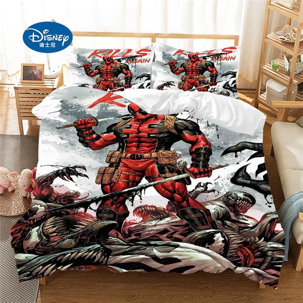 Disney-juego de ropa de cama de Deadpool, funda de edredón, funda de almohada, textiles para el hogar, regalo para adultos y niños, tamaño Queen y