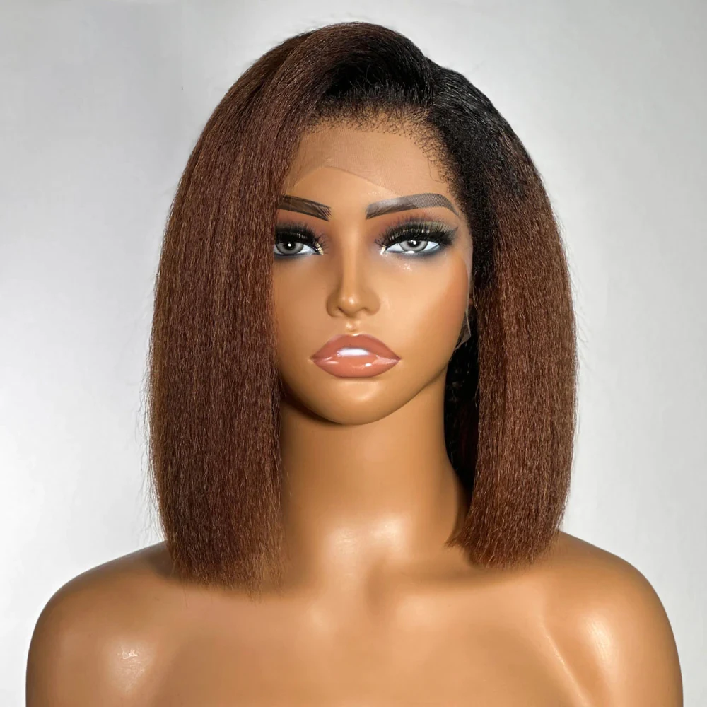 

Soft 16Inch Ombre Brown 180% Density Short Bob Kinky Straight Lace Front Wig For Women Baby Hair Synthetic Preplucked Glueless