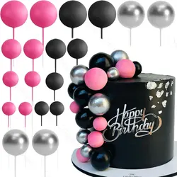 30Pcs Black Hot Pink Balls Cake Toppers Hot Pink Black Metal Silver Cake Balls for Birthday Wedding Baby Shower Cake Decorations