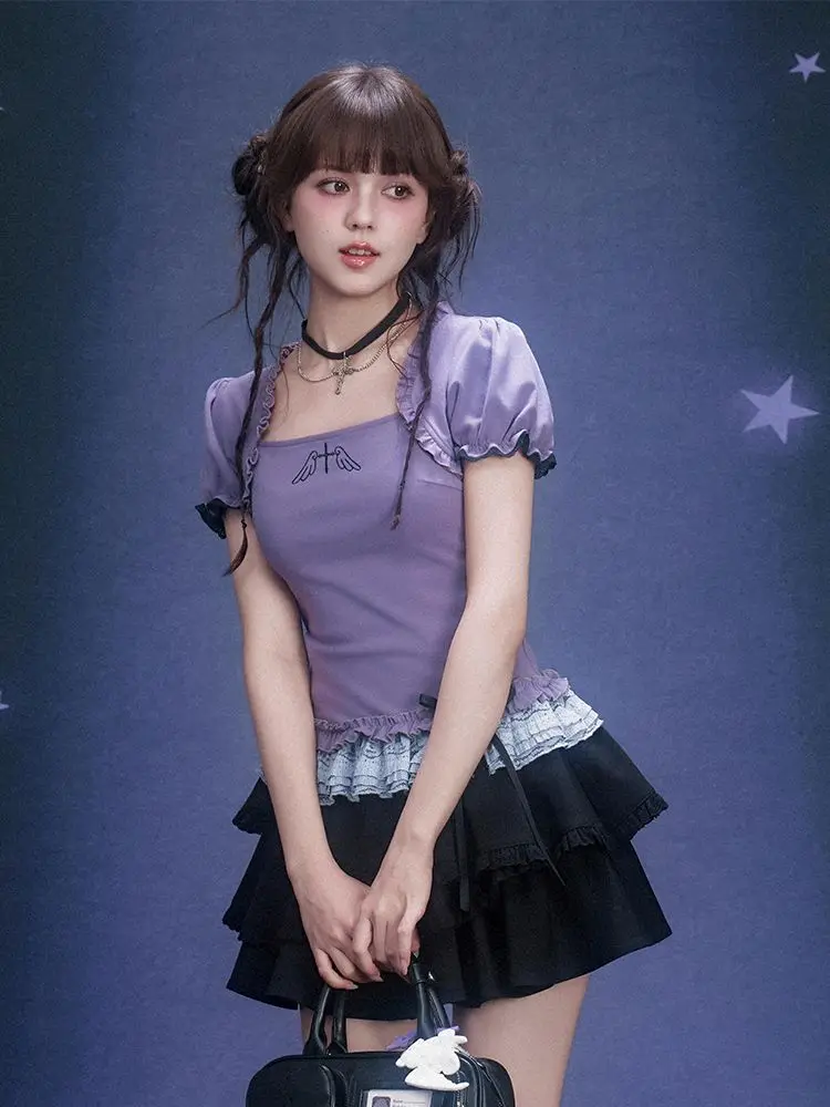 Japanese Gothic Unique Dark Y2k Subculture Short Sleeved Tops Spicy Girl Half Skirts Retro College Style 2pcs Female Clothing