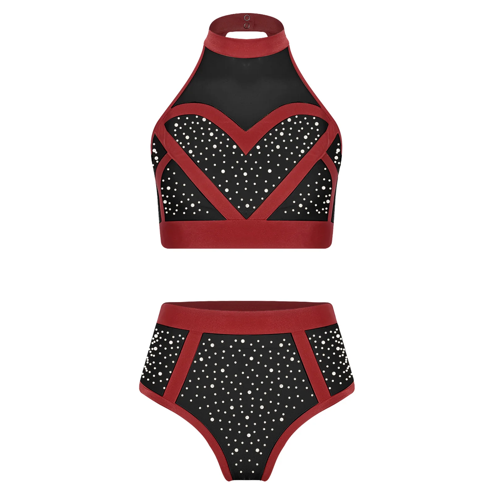 

Women Rhinestone Clubwear Set Halter Sleeveless Mesh Patchwork Crop Top with High Waist Briefs Shorts for Rave Party