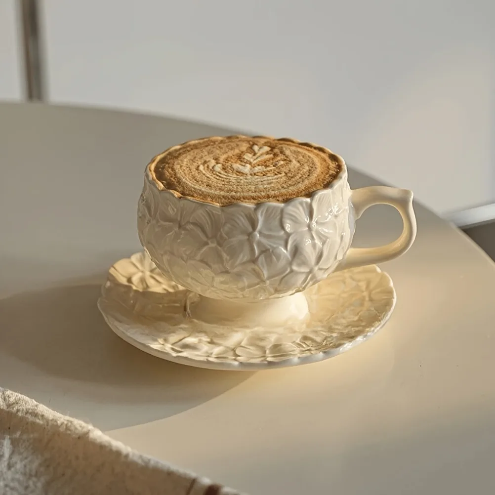 

French Cream Relief Coffee Cups Set Cafe Afternoon Tea Coffee Cups Retro Cappuccino Flower Patterned Cup Unique Creativity Gift