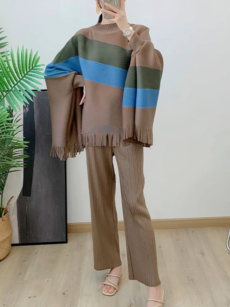 EGRM Contrast Color Pleated Set Shawl Top+casual Straight Leg Pants 2 Piece Sets 2024 Autumn New Elegant Women\'s Clothing 6RM198