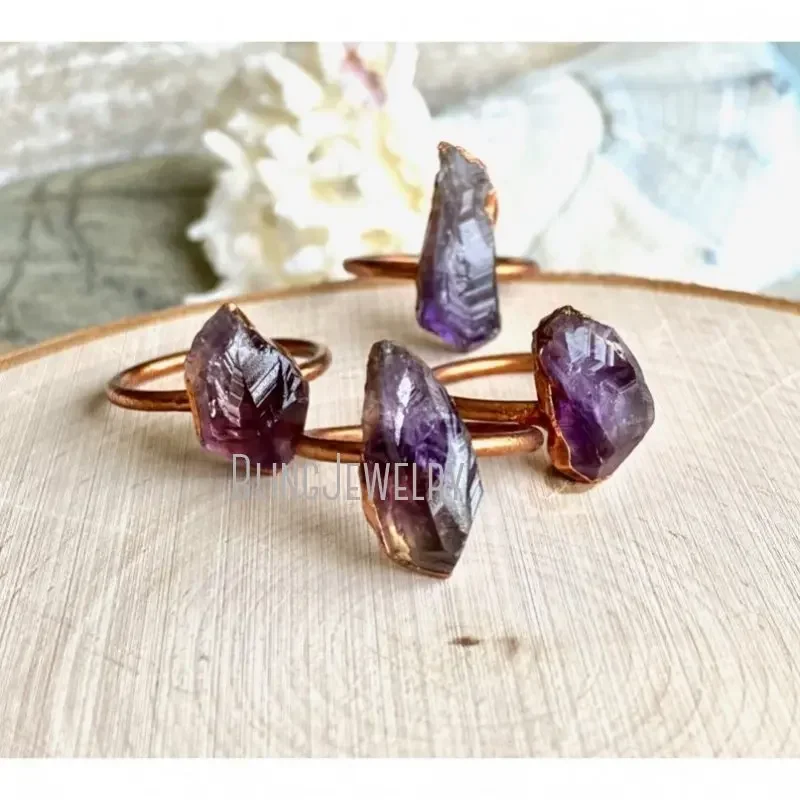 10pcs Citrine Amethyst Raw Birthstone Worry Fidget Ring y2k Women Electroformed Copper Stainless Steel Gothic Halloween Jewelry